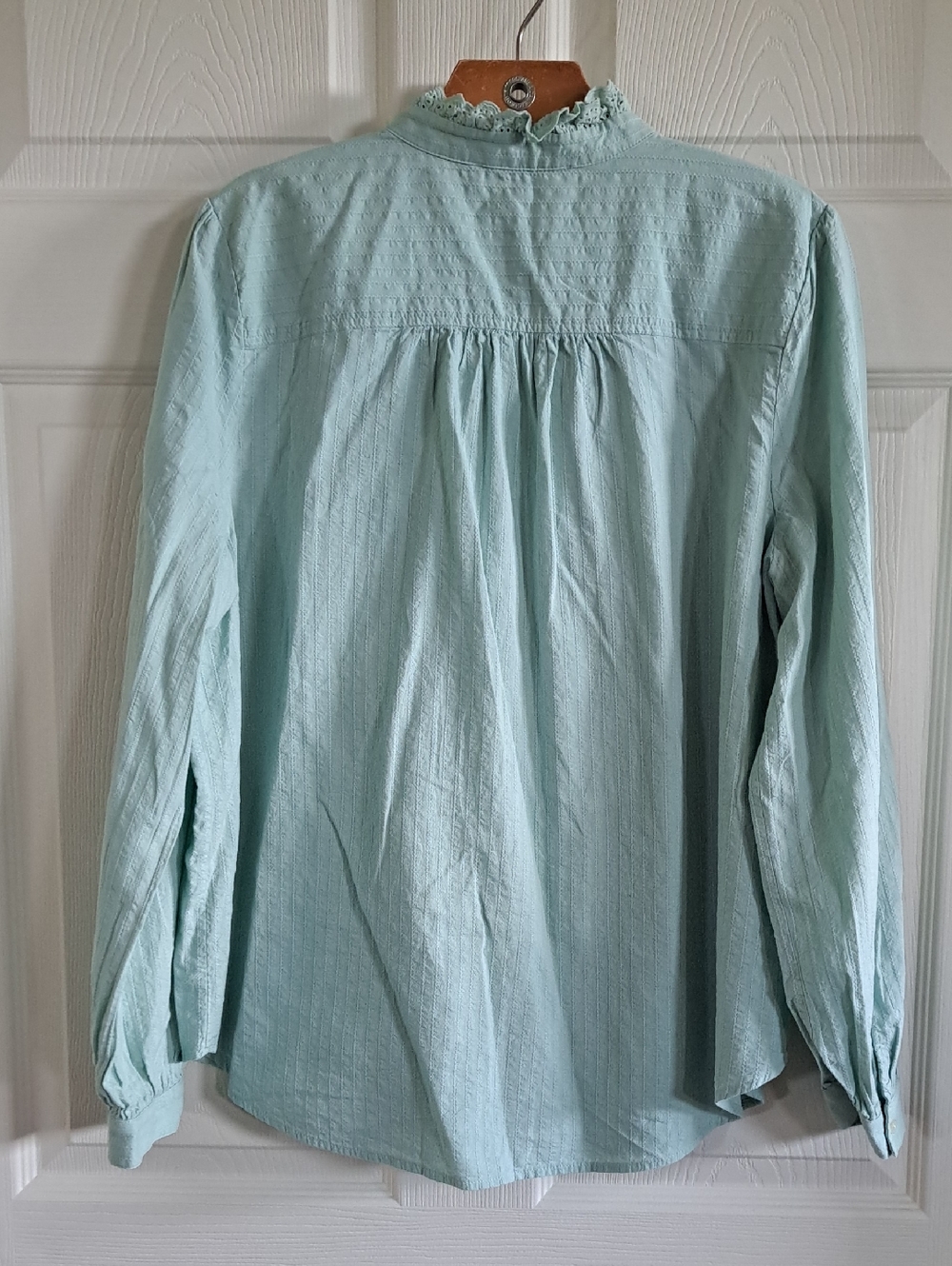 LOFT Mint 100% Cotton Pintuck Eyelet Ruffle Mock Neck Button Down Blouse - Picture 6 of 9